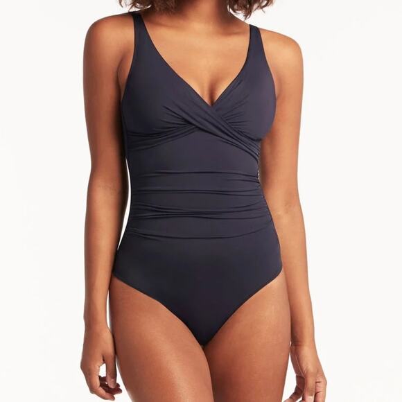 Sea Level Australia Navy Tummy Control Eco Essentials Cross Front One Piece 16 - Picture 1 of 9